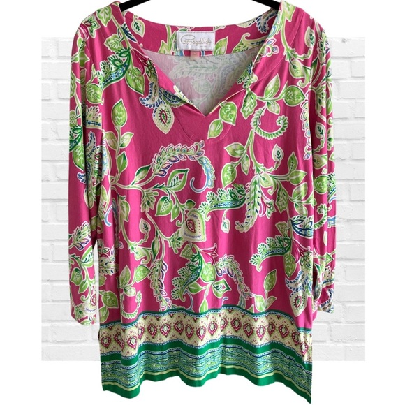 Pappagallo Pink Floral Paisley Split Neck Jersey Knit 3/4 Sleeve Tunic Size M - Picture 1 of 11